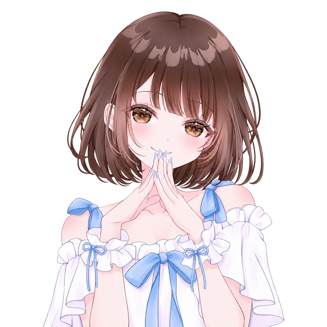 青いリボンの衣装を着た鳴尾浜るいのイラスト