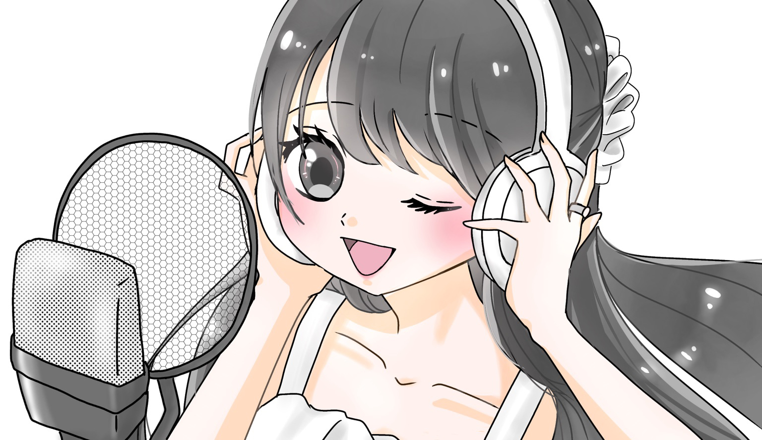 マイクで収録する鳴尾浜るいのイラスト